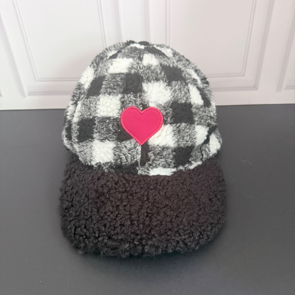 Way to Celebrate Valentine's Day Sherpa Baseball Cap Black White Plaid Heart OS